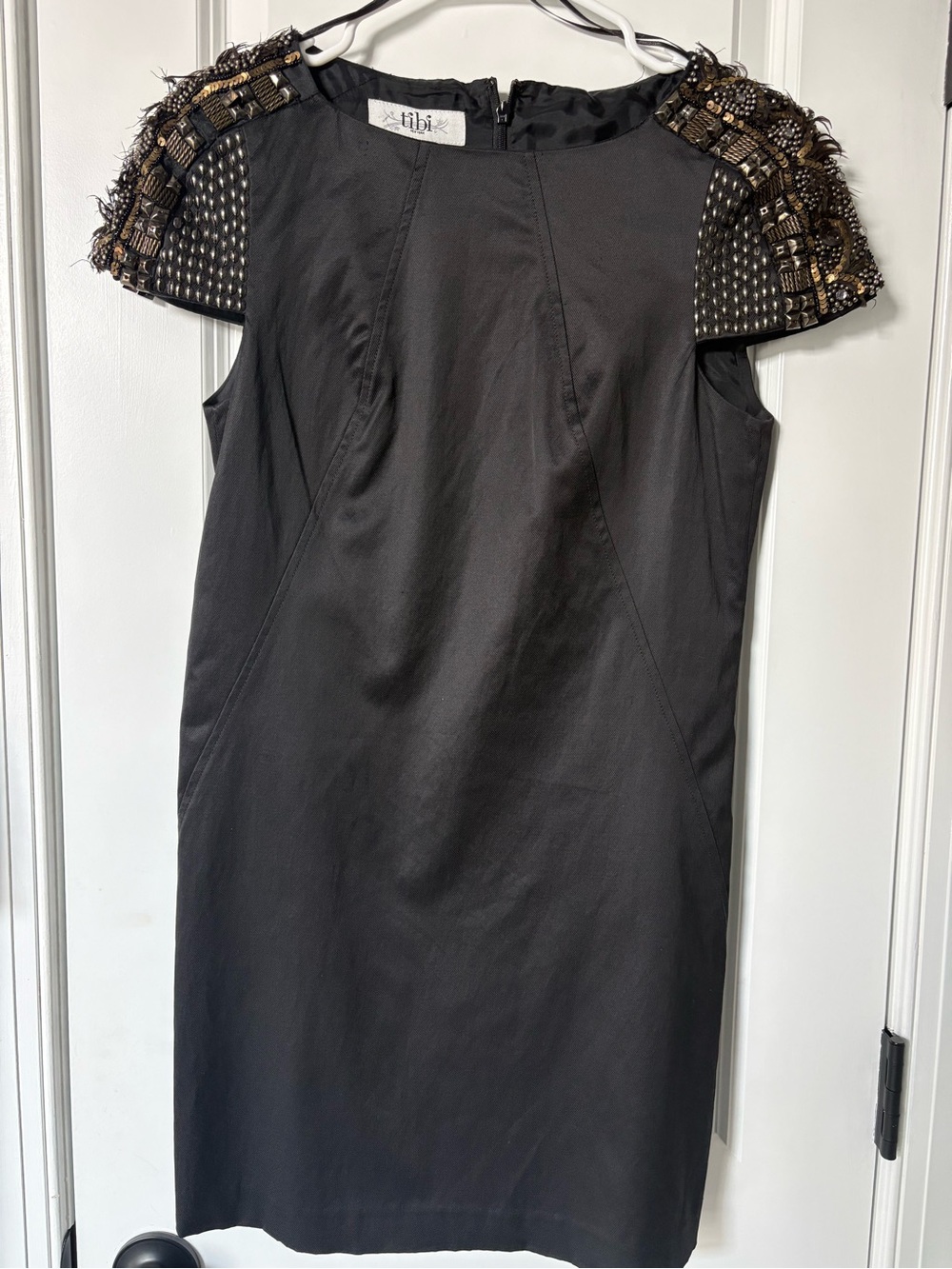 Tibi Black Sheath Dress with Embellished Cap Sleeves size 0